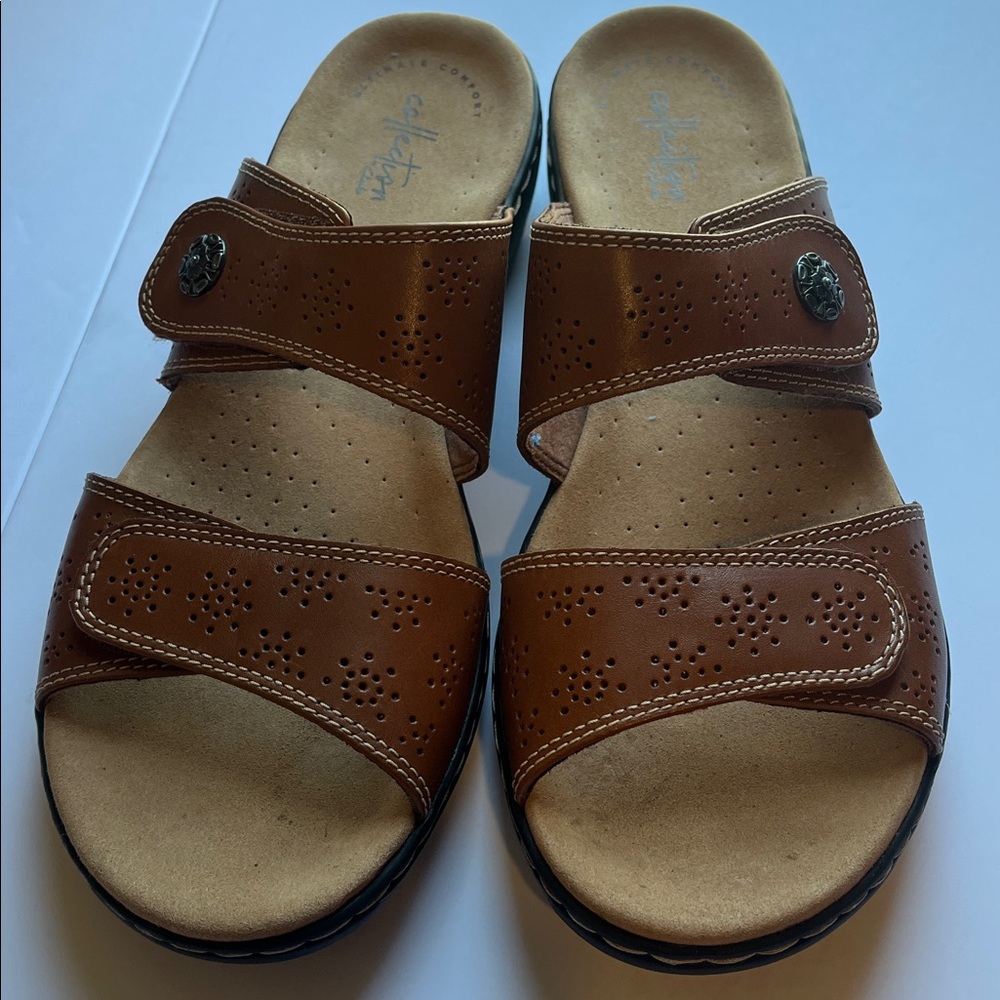 Clarks Tan Leather Two-Strap Comfort Slides